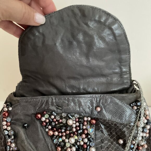 Grace Ann Agostino Embellished Evening Shoulder Bag Gray Leather Patchwork Beads - Picture 10 of 16